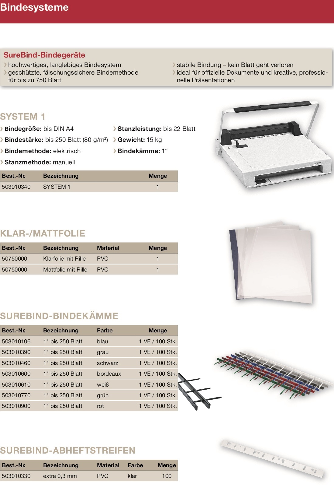 SureBind, Klarfolie mit Rille, Bindekmme, Binding Strips, PVC-Abheftstreifen, SureBind-Gerte, SureBind-one, SureBind-two, SureBind-three, GBC-SureBind